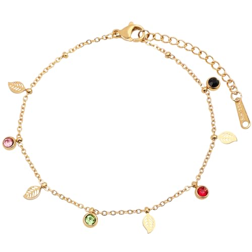 Image of 18K Gold Plated Stainless Steel Dainty Charms Colorful Crystal Birthstone Bracelet Minimalist Cute Jewelry for Women