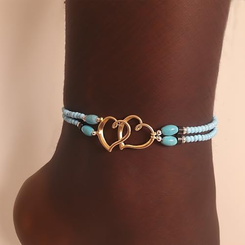 Image of Elastic Beaded Ankle Bracelets for Women Double Heart Layered Stretch Ankle Bracelets Waterproof Dainty Boho Beaded Anklets for Summer Beach Foot Jewelry
