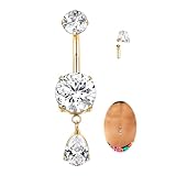 AROWRO Piercing para ombligo de titanio, con forma de gota de agua, circonita cúbica, con rosca interna, 14G, 8-12 mm, Titanio
