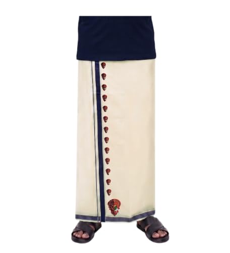 Image of Mens Print along with Border 100% Cotton Cream Dhoti 4.00 Meters Double Mundu /Vesti