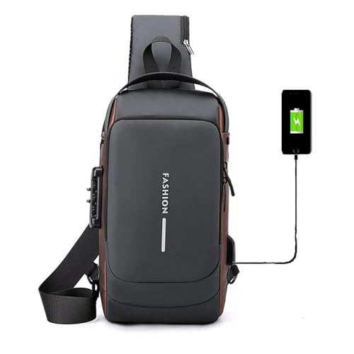 New Carbon Fiber Streamline Anti-theft Sling Bag, USB Charging Sport Sling, Shoulder Backpack Crossbody Bag Waterproof (Gray Brown)