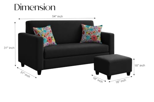 Image of Rosebell 2 Seater Sofa with Ottoman | Living Room Couch | with Printed Cushions | Sofa for Home, Apartment & Office-Black Color