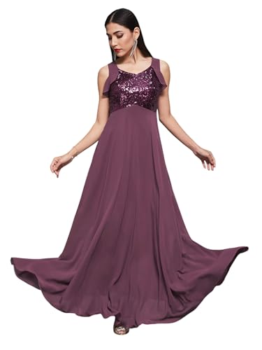 Image of Miss Chase Women's Round Neck Sleeve Embellished Fit Flare Maxi Dress