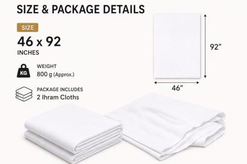 Image of LIMRA Premium Men's White Cotton Ihram Set for Hajj and Umrah | 2-Piece Quality Cloth | Free Size 46 inch X 92 inch - Divine Comfort! (Plain)