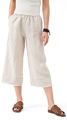 Les umes Womens Casual Tassel Pants Linen Trouser Elastic Waist Capri Pants Wide Leg Pants with Pockets Nature US 14-16