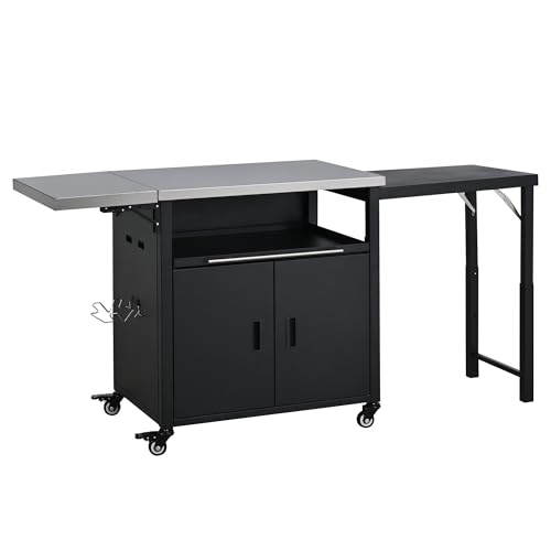 Image of Merax 73.8 inch Outdoor Kitchen Island with Dual Foldable Grill Table, Black | Stainless Steel Top,Outdoor Grill Cart with Storage Cabinet &Trash Rack, Outdoor Bar Cart, Pizza Oven Table for Lawn & Garden