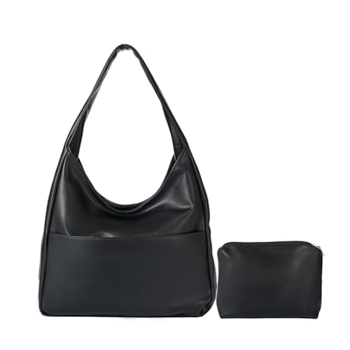 Tote Taschen für Frauen große Faux Leder Hobo Tasche Retro Slouchy Schultertaschen Soft Tasche Damen Handtasche Umhängetasche Shopper 2pcs (Schwarz)