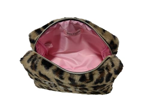 Juicy Couture Brown Makeup Bag Cosmetics Organizer Travel Essentials Zip Top Wedge Leopard Print Faux Fur Rhinestone2