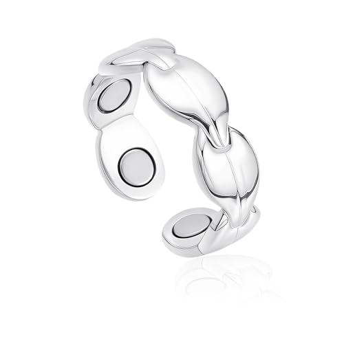 Zecimi Anti Stress Ring Blätte Silber Magnetring für Damen Anxiety Ring mit 7X Stärker Magnetkraft Verstellbar Fidget Ring zur Förderung Schlaf Vital Ring zur Gewichtsabnahme Mode Frau Schmuck