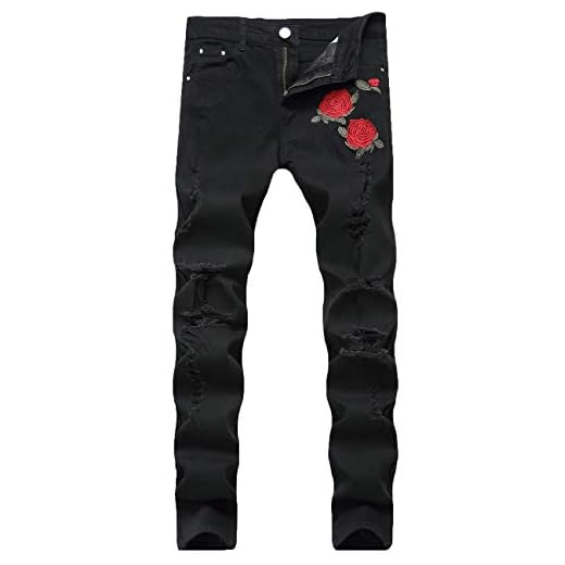 Nutriangee Men's Floral Jeans, Ripped Skinny Distressed Destroyed Slim Fit Stretch Rose Embroidered Pants Black 32