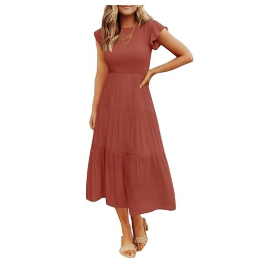 ZESICA Women's 2023 Summer Casual Flutter Short Sleeve Crew Neck Smocked Elastic Waist Tiered Midi Dress,Rust,Small