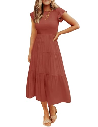 Image of ZESICA Women's 2026 Summer Casual Flutter Short Sleeve Smocked Midi Dress