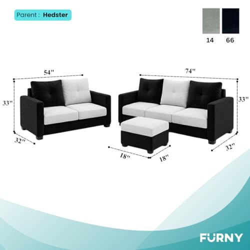 Image of FURNY Amonster 3 Seater + 2 Seater Fabric Sofa Set with 1 Ottoman (Black - Light Gray) with Velvet Finish | Durable Comfort | Ideal for Living Room