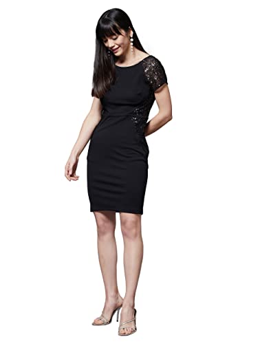 Image of Miss Chase Women's Green Round Neck Raglan Sleeves Solid Bodycon Paneled Mini Dress