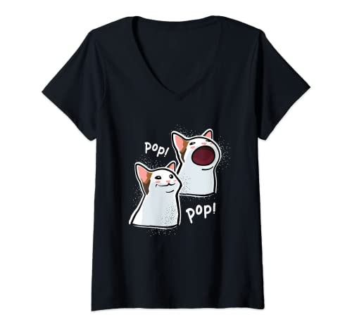 Womens Popping Cat Meme / Pop Cat / Funny Cat Memes V-Neck T-Shirt