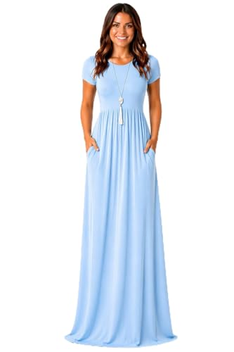 Image of AUOMITH Women's 2026 Summer Short Sleeve Empire High Waist Long Maxi Dress with Pockets