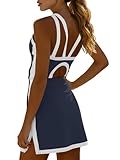 Fisoew Womens Tennis Mini Dress with Built-in Shorts & Bra Open Back Sleeveless Golf Gym Workout Tank Dresses Navy