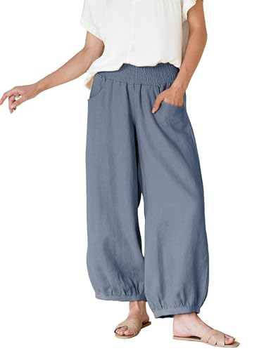 Xiaoxuemeng Womens Wide Leg Pants Cotton Linen Barrel Pants Elastic Waisted Lounge Trousers with Pockets(Bluegrey-XL)
