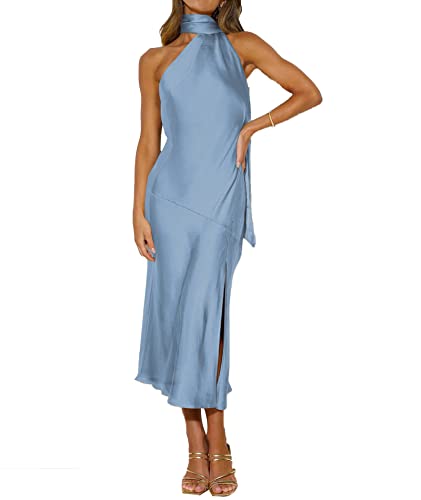 Image of Sexyshine Women's Elegant Halter Tie Neck Sleeveless Satin Long Dress Backless Split Cocktail Party Formal Wedding Maxi Dress