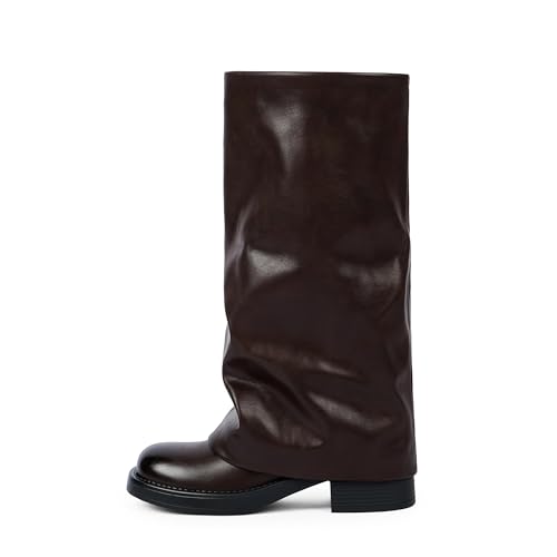 Image of Knee High Boots Women Fold Over Boots Chunky Heel Pointed Toe Tall Boots | Fashion Slouchy Boots,Side Zipper Shark Boots,Fall Spring Winter Fashion Dress Tall Boots,Evening Bridal office Long Boots