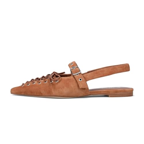 Slingback Flats for Women Lace Up Suede Mules Pointed Toe Adjustable Buckle Flats Comfort Walking Work Dressy Pumps