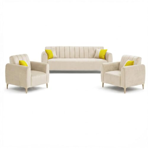 Image of Habibi Rich Velvet Suede 3+1+1 Seater Sofa Set | Spacious Soft Touch Comfort Seating | 5 Person Seating | Modern Living Room Sofa Set (Cream)
