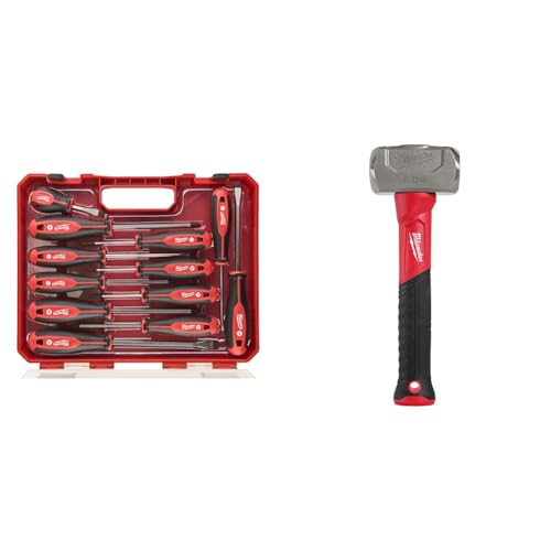 Image of Milwaukee Set of 12 Tri-Lobe Screwdrivers 4932472003,Red & 4932478255 Hammer, 1.36 kg, Red