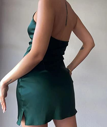 xxxiticat Women's Halter Neck Mini Satin Dress Elegant Wedding Party Club Sleeveless Backless Split Hem Bodycon Slip Dresses4