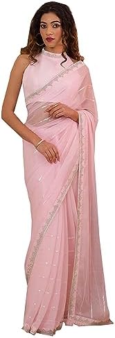 TRENDMALLS Women's Moss Chiffon Siroski Saree with Belt Unstitched Blouse Piece (K1042-LightPink)