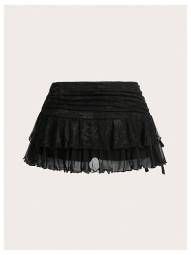 SHENHE Women's Lace Mini Skirt Y2k Low Rise Ruched Layered Ruffle Skirt2