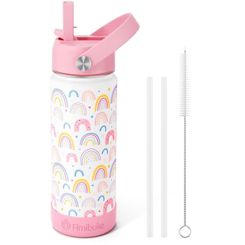 Fimibuke Kids Insulated Water Bottle, 18oz BPA FREE 18/8 Stainless Steel Kids Cup with Straw Travel Tumbler Double Wall Vacuum Leak Proof Toddler Water Bottle for School Boys Girls(1 Pack, Rainbow)