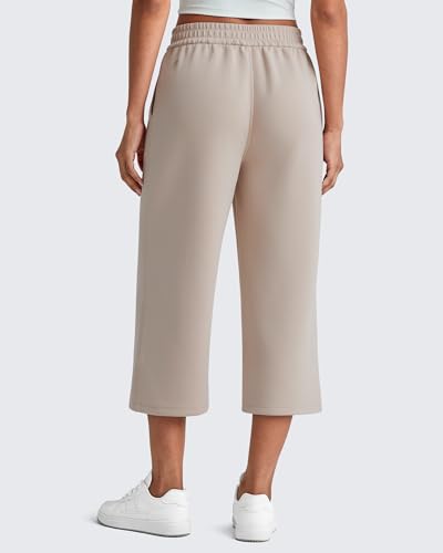 G4Free Khaki Pants for Women Capri Pants High Waist Stretchy Wide Leg Yoga Pants Loose Sweatpants Travel Lounge Pants(Light Khaki,M,Regular) — view 6