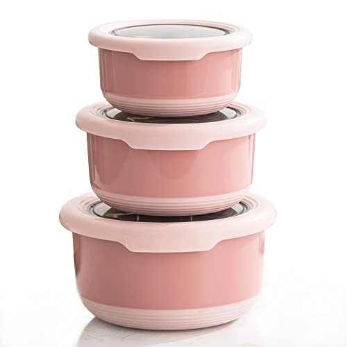 Lille Home Lot de 3 boîtes repas Bento en acier inoxydable de qualité supérieure avec extérieur antidérapant, 420 ml, 730 ml, 1,2 L, anti-fuite, sans BPA, contrôle des portions (rose) Cover