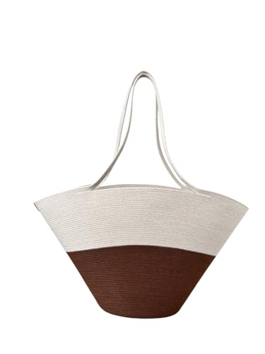Sac de plage en corde tressée grand format L cabas bicolore beige et marron