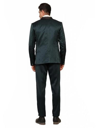 Image of Men's Navy Blue Jacquard Tuxedo Suit with Black Shawl Lapel, 3-Piece Formal Wedding Ensemble, Red Pocket Square