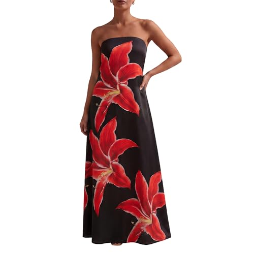 Image of Zwirelz Women Strapless Maxi Dress Boho Floral Print Flowy Long Tube Dress Off Shoulder Loose Beach Sundress