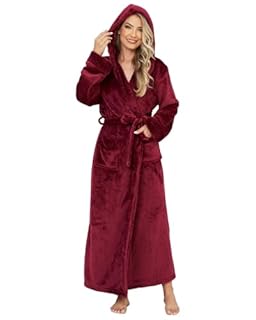 ZFSOCK Dressing Gown Womens Fluffy: Long Fleece Ladies Robe with Belt & Pockets - Thick Hooded Bathrobe Home Loungewear Christmas Birthday Gift for Wife, Mum, Girlfriend or Maternity Red S/M