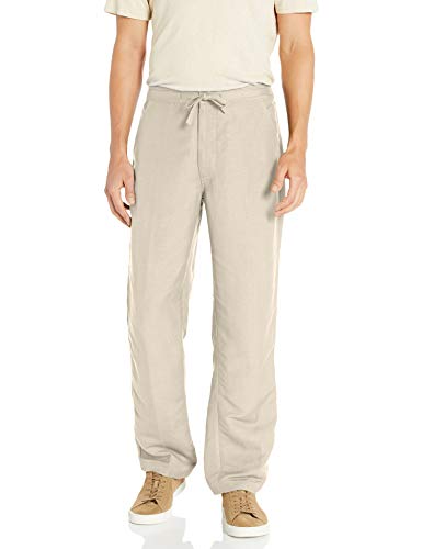 Drawstring Pant with Back Elastic Waistband, Natural Linen with Textured Details, Large x 32L