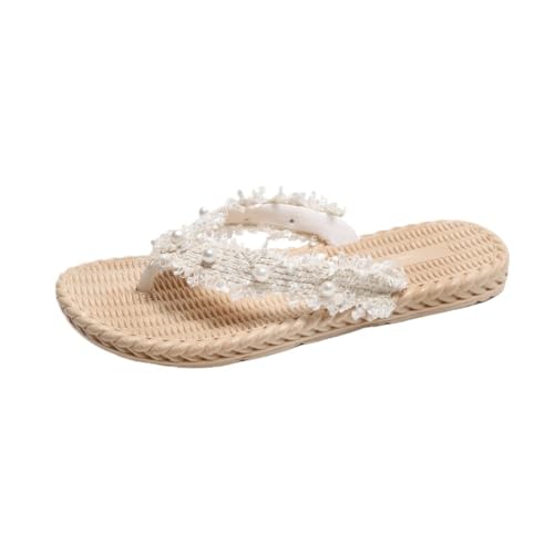 Slippers for Women Wearing Pearl Tassels on The Outside Flat Bottomed Clip on Sandals Non Slip Sandals(40)