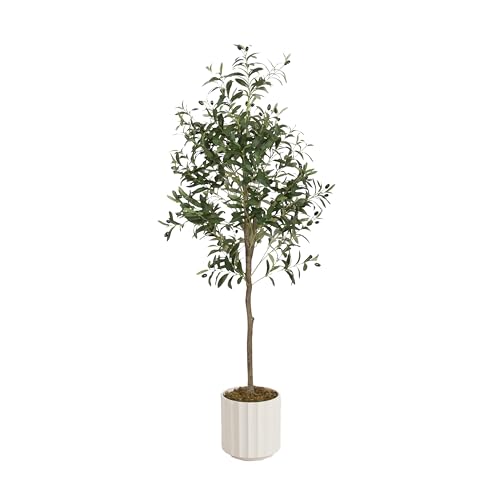 Kate and Laurel Oliveira Faux Olive Tree with Jibbs Scalloped Planter Pot, 5 FT, White, Potted Artificial Olive Plant Tree with Realistic Foliage and Added Moss, Fake Plant for Living Room Decor by Kate and Laurel - Used condition - US$157.88