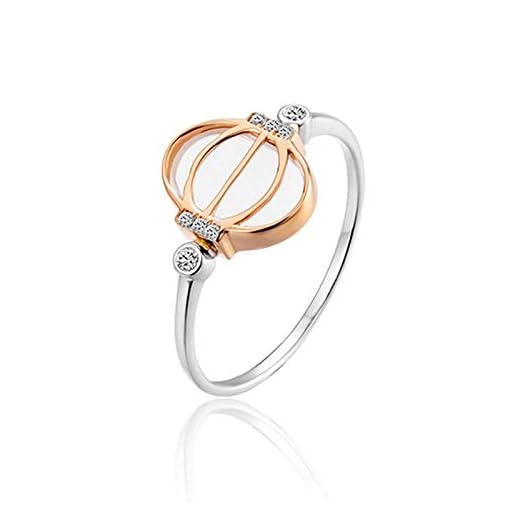 AMDXD Anillo de Oro 18K, Anillos Boda Mujer Linterna Diseño con Blanco Zafiro 0.088ct, Oro Blanco, Tamaño 6,75 (Perímetro: 47mm)