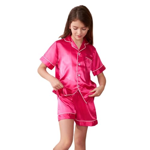 Kids 2pc Silky Satin 𝐏ajamas Sets Short Sleeve Button down Shirts Shorts 𝐏𝐉 Outfits Thin Soft Boys Girls Sl𝐞epwear