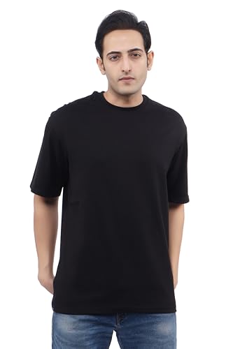 Image of WILD ELEPHANT Oversize t Shirt Solid Self Design Tshirt for Men | Men Drop Shoulder Tshirts | Fit Men Tshirt Men's Round Neck Cotton Blend Tshirt