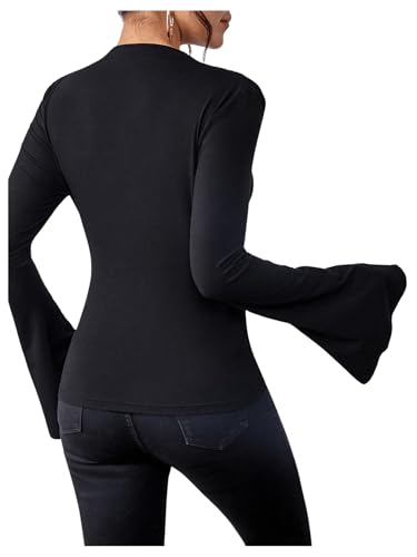 SweatyRocks Women's Ruched Mock Neck Long Ruffle Sleeve Stretch Solid Basic Tee Shirts Tops2