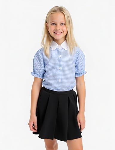 Image of Girls Button Down Shirt Puff Sleeves Blouse Summer Cute Top Doll Collar School Uniform, 4-13Y