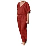 Generisch Damen Hosenanzug Elegant 54 Teilig Einfarbiges Sportbekleidungsset für Damen für Frühling Sommer | Lässiges Outfit Leinen-Baumwollmischung mit Damen Sommer Leinen Sommer Hosenset (Red, XL)