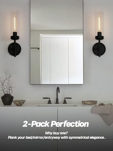 Image of Modern Wall Sconces Set of Two, Black Bathroom Vanity Light with Handblown Clear Glass Hardwired Wall Sconce Light for Bathroom Mirror Bedroom Livingroom Hallway Indoor