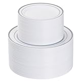 Goodluck 200PCS Silver Plastic Plates, Heavy Duty Disposable Gold Plates with 100 10.25 inch Dinner Plates and 100 7.5 inch Dessert Plates, Disposable Plates for Party, Holiday, Wedding, Christmas