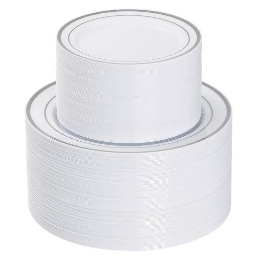 Goodluck 200PCS Silver Plastic Plates,Heavy Duty Disposable Silver Plates with 100 10.25 inch Dinner Plates and 100 7.5 inch Dessert Plates, Disposable Plates for Party, Holiday, Wedding