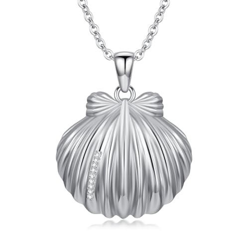 Diamond Shell Necklace S925 Sterling Silver Seashell Necklace Silver Shell Pendant Necklace for Women 18+2Inch